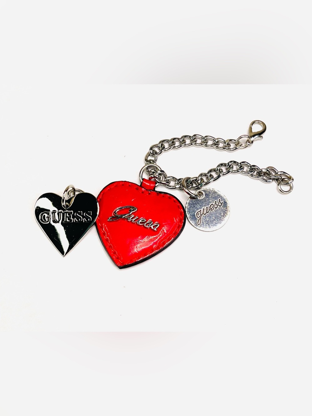 GUESS Purse Bag Charm Genuine Stitched Leather Padded Heart Set of 3 with Chain